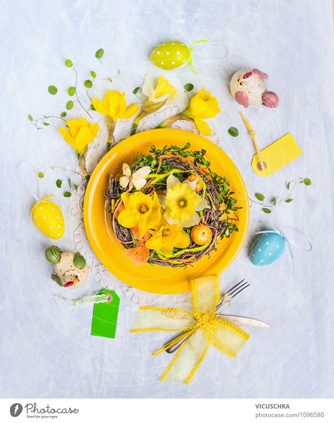 Yellow plate with Easter eggs and decoration Lifestyle Style Design Interior design Decoration Table Feasts & Celebrations Nature Flower Ornament Tradition Nest