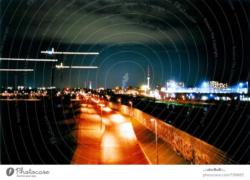 Berlin nightlight Warschauer Bridge Crane Night Lantern Analog Lomography Long exposure Street Blue Orange longitudinal exposure Berlin TV Tower