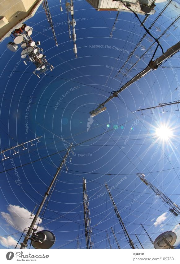 antenna forest Clouds Antenna Fisheye Station Middle Broacaster Summer Hot Air Radiation Electrical equipment Technology Radio (broadcasting) Sky Blue Corfu Sun