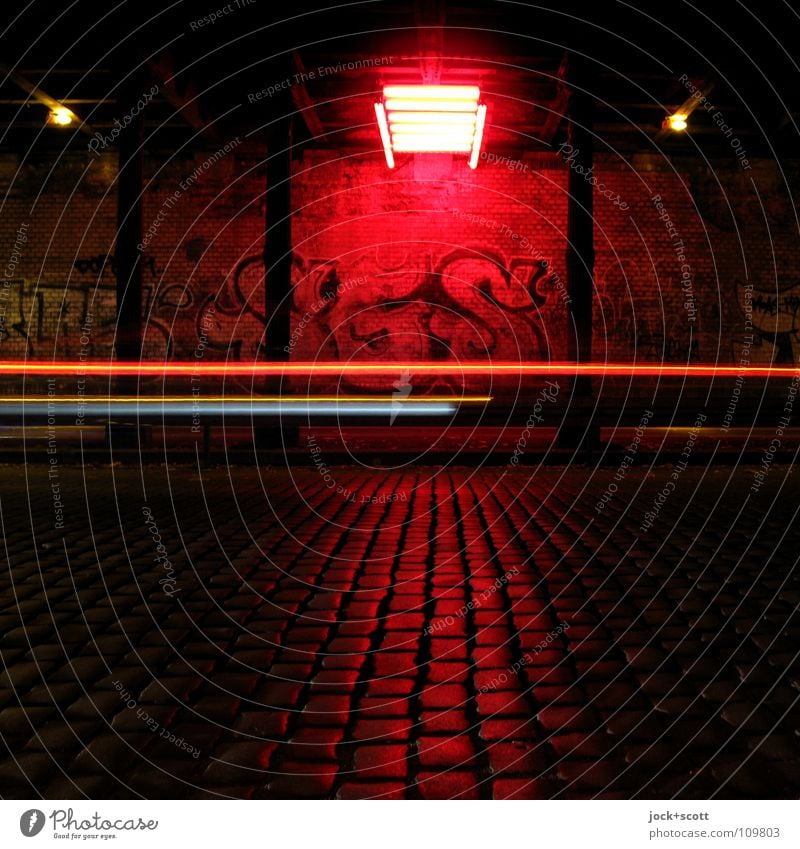 Space alignment in the tunnel Tunnel Wall (building) Traffic infrastructure Street Graffiti Illuminate Dark Speed Red Art Lighting installation Column