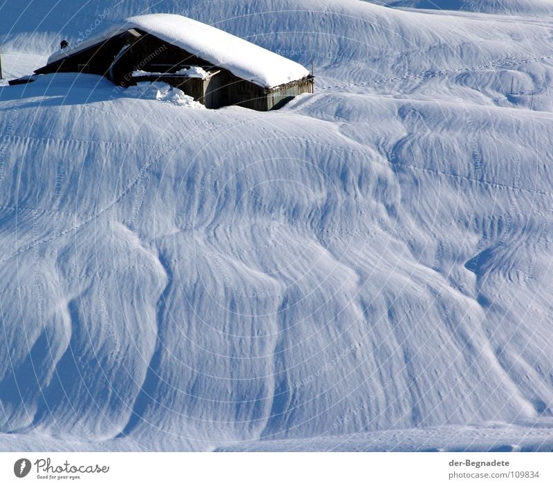 snowed in Winter February Cold Virgin snow Winter vacation Snow hiking Canton Graubünden Switzerland White Snowdrift Wooden hut Alpine hut Roof Brown