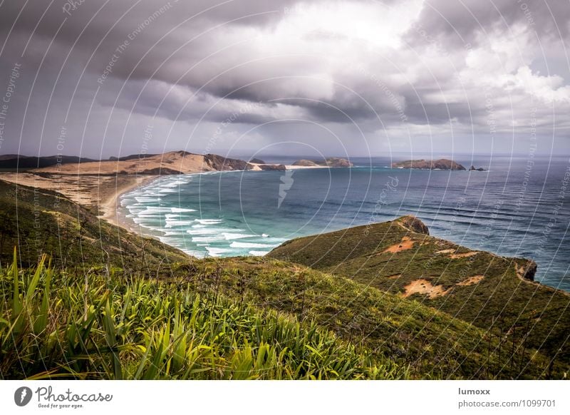 cape reinga Nature Landscape Elements Sand Water Storm clouds Bad weather Gale Coast Beach Bay Ocean Tasman sea Island New Zealand Romp Infinity Blue Yellow