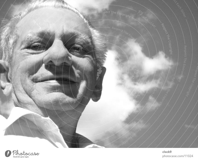 Looking ahead Man Grandfather Wisdom Light Portrait photograph Black White Sky Old Laughter bizarre Sun Head