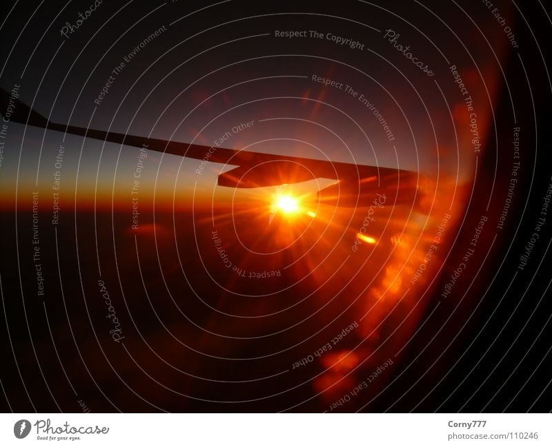 Solar energy Clouds Airplane Infinity Horizon Morning Sunrise New start Sky Aviation Wing Earth transatlantic Dawn Energy industry Warmth