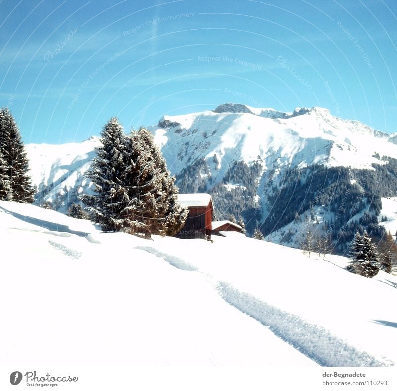 snowy mountains Winter February Cold Virgin snow Winter vacation Snow hiking Canton Graubünden Switzerland White Snowdrift Wooden hut Alpine hut Roof Brown