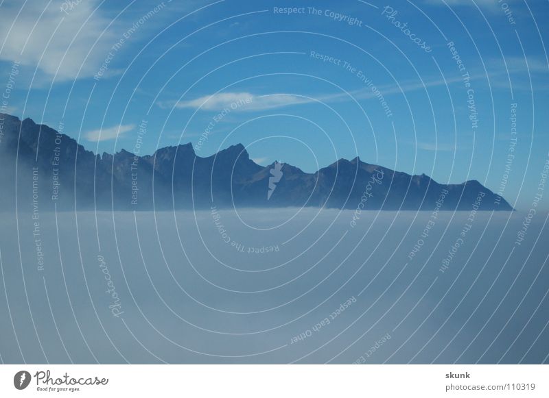 hover in nothingness Clouds Fog Air Border Hover Fog bank Dreary Going Panorama (View) Mountain Sky Point Level Freedom Flying Vantage point Closed End