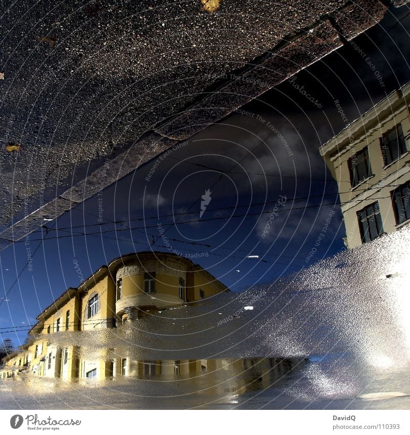 street reflection Puddle Reflection House (Residential Structure) Facade Curbside Overhead line Transmission lines Tram Yellow Gray Riga Latvia