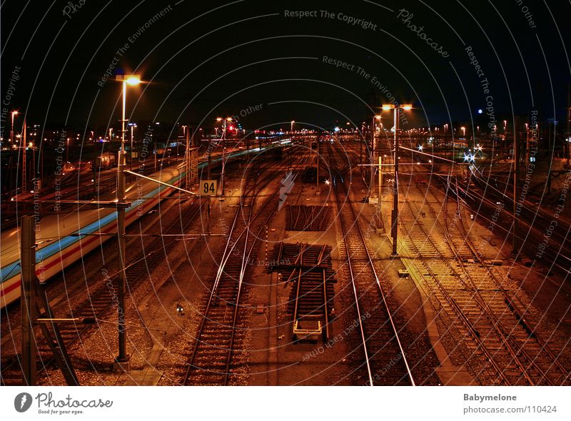 On the way to nowhere Night Railroad Basel Transport Railroad tracks Long exposure Dark Speed Overnight train Arrival Vacation & Travel Driving Train station