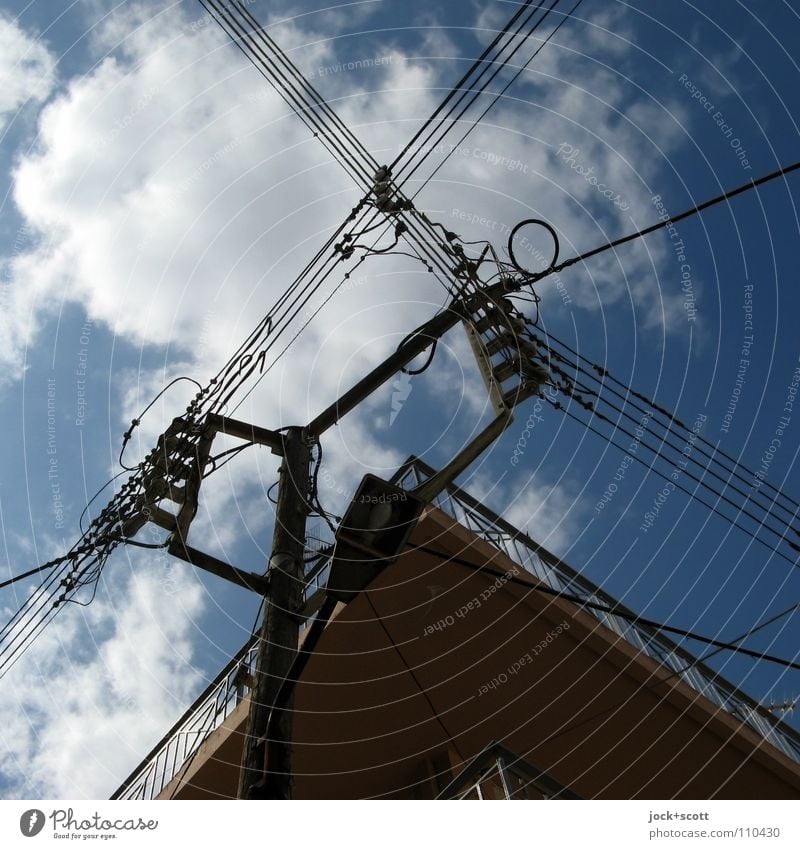 electric cores Energy industry Electricity pylon High voltage power line Clouds Greece Corner Network Above Subdued colour Detail Neutral Background Silhouette