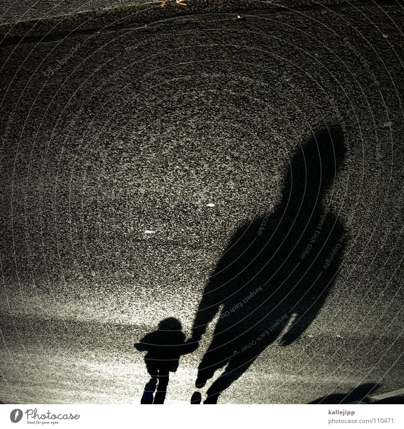 Don't go with the shadow man. Child Man False Criminality Shadow child Dark side Sidewalk Pedestrian Black To go for a walk Back-light East Pavement Granite