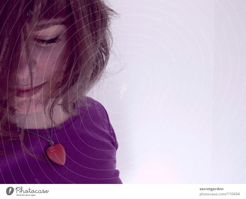 blushing Woman Violet Lilac Red T-shirt Eyelash Portrait photograph Self portrait Jewellery Short haircut Wall (building) White Torso Human being Clothing