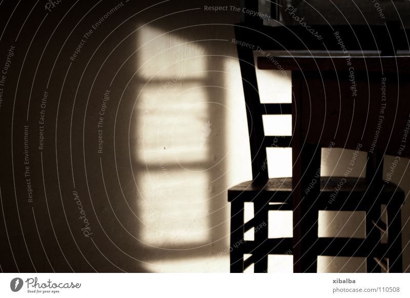 Light and seating Colour photo Subdued colour Interior shot Deserted Copy Space left Table Chair Wood Old Poverty Brown Cleanliness Modest Thrifty Style