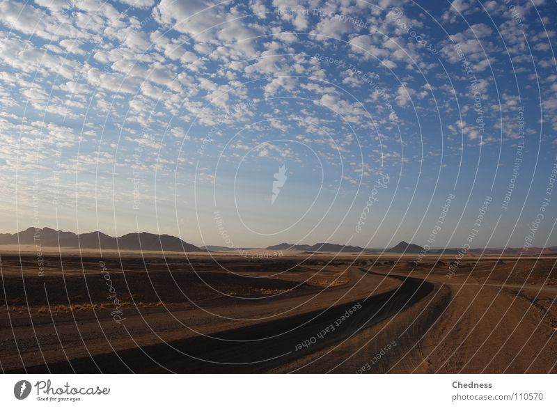 Distant dunes Wisp of cloud Namibia Scrap Clouds Bushes Tar Asphalt Morning Sky Africa Desert Street Beach dune Mountain Landscape Far-off places Sand Dawn