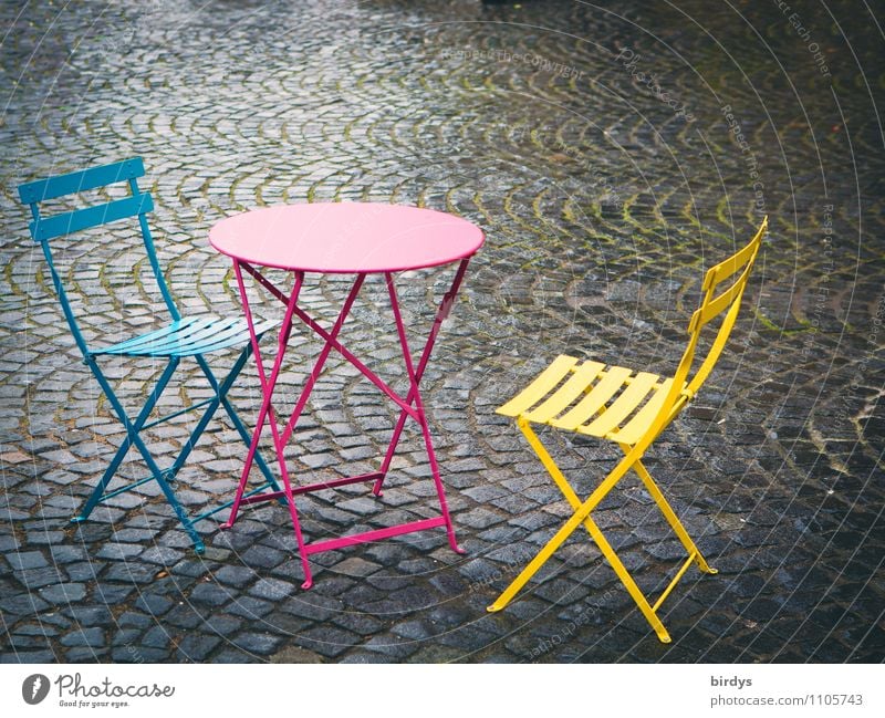 Colorful empty chairs and tables in a street cafe. Lifestyle Style Chair Table Going out Sidewalk café Wait Esthetic Friendliness Fresh Hip & trendy Positive