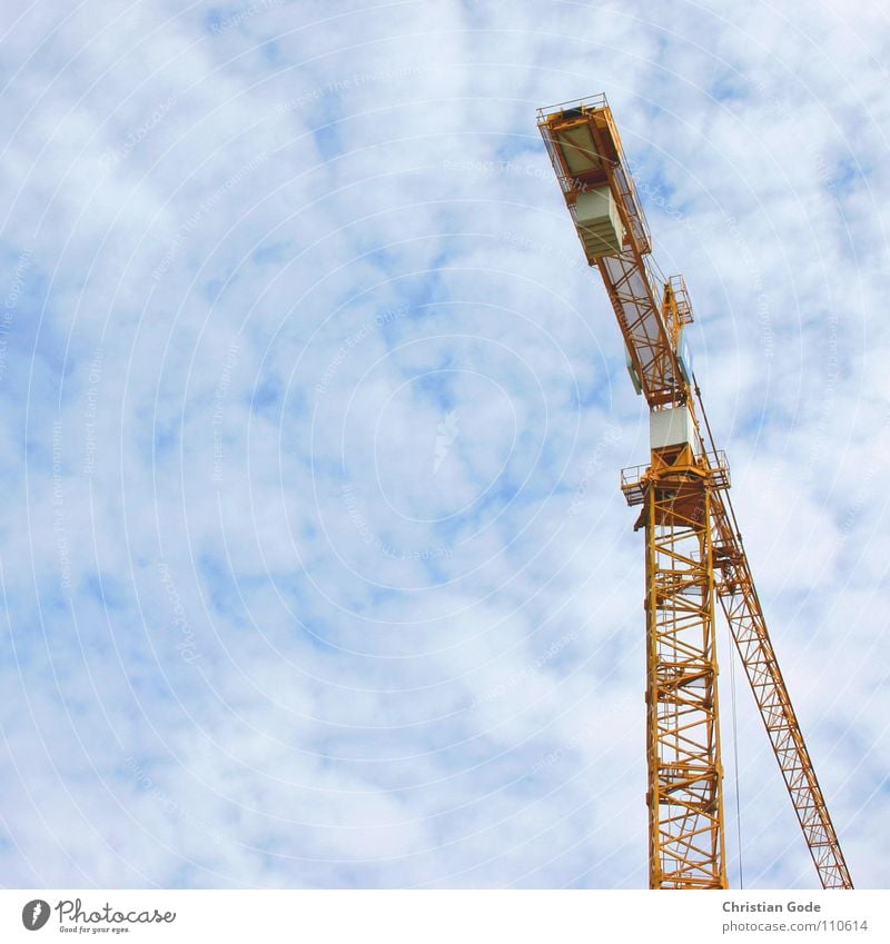 Workplace at a lofty height Crane Construction site Clouds Construction worker Crane operator Yellow Work and employment Concrete High-rise Craft (trade)