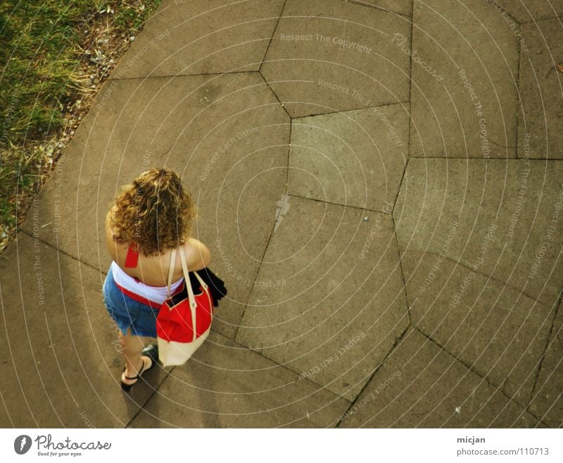 Woman without dog Lady Young lady Girl Bird's-eye view To go for a walk Going Stand Hiking Blonde Multicoloured Line Going out Chic Pattern Honeycomb pattern