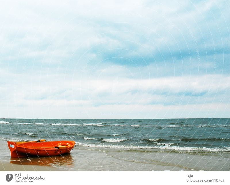 Three short, three long, three short Ocean Passion Watercraft Orange Red Rescue Safety Dinghy Beach Sky Blue Clouds Paddle Oar Wood Life belt Waves Loneliness