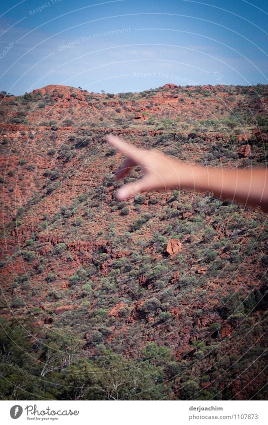 One hand shows ( finger pointing ) stretched out to the rock faces in Kings Canyon. Life Leisure and hobbies Trip Mountain Hiking Feminine Hand 1 Elements