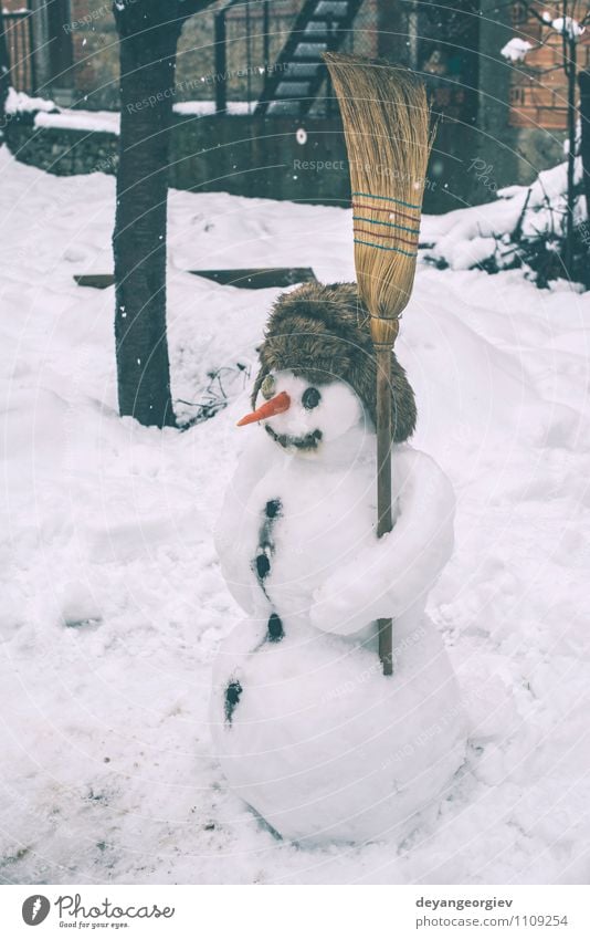 Snowman in the yard Joy Happy Face Playing Winter Feasts & Celebrations Man Adults Scarf Hat Smiling Authentic White cold Carrot Seasons christmas nose holiday