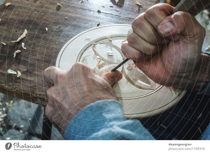 Hands of woodcarver make wooden bowl Decoration Work and employment Craft (trade) Tool Human being Man Adults Art Wood Old Tradition woodcarving Carpenter