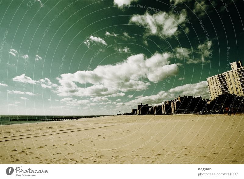 coney island 2 Americas New York City Town Beach Clouds Ocean Vacation & Travel Wide angle Sky Blue Coney Island Sandy beach Coast Deserted Central perspective