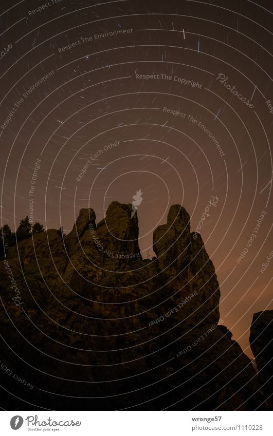 Starry sky above the "Three Peaks Nature Landscape Sky Night sky Stars Spring Beautiful weather Rock Mountain Harz Far-off places Infinity Brown Black