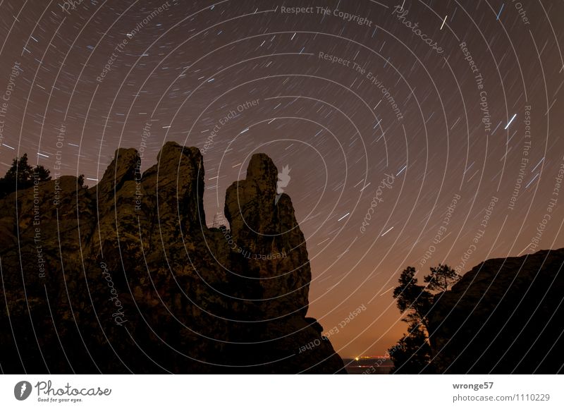 Star trails above the Three Peaks Nature Landscape Sky Cloudless sky Night sky Stars Horizon Winter Beautiful weather Tree Rock Mountain Teufelsmauer Harz