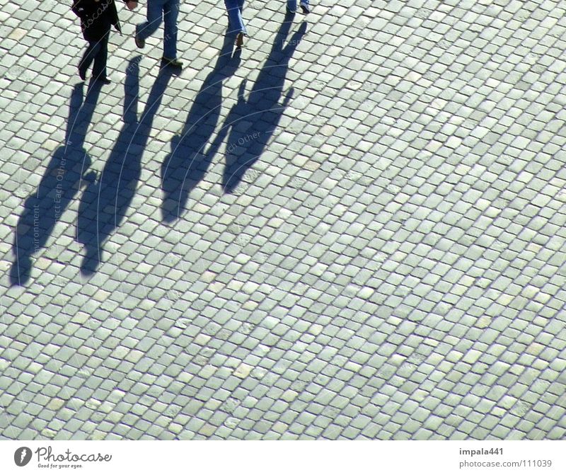 shadowy existence IV Pedestrian Black Sidewalk Cobblestones To go for a walk Going Places Pedestrian precinct Dresden Communicate Shadow Walking Couple Legs