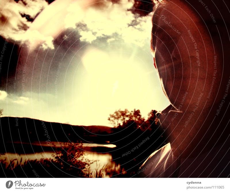 traveling light Man Fellow Curiosity Mysterious Bird's-eye view Meadow Pond Light Retro Back-light Dark Silhouette Clouds Dazzle Beautiful Think Identity