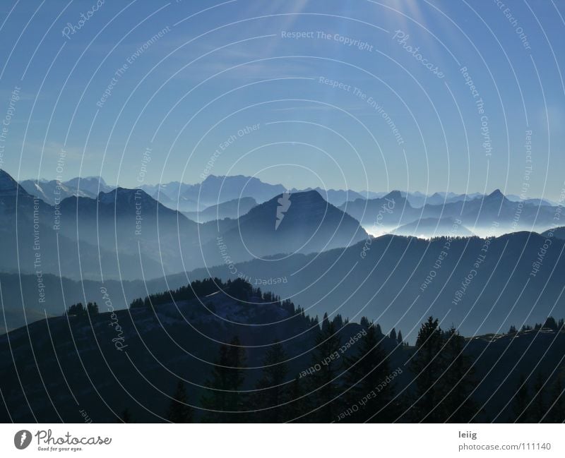 country in view Fog Hill Horizon Light Calm Glittering Mountaineering Gray Feeble Cold Canton Appenzell Far-off places Dark Exterior shot Panorama (View) Autumn