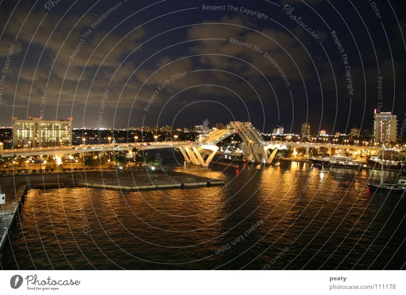 Drawbridge at night Americas Miami Fort Lauderdale Florida Night shot Transport Manmade structures Bridge USA Port Everglades Harbour Watercraft Street