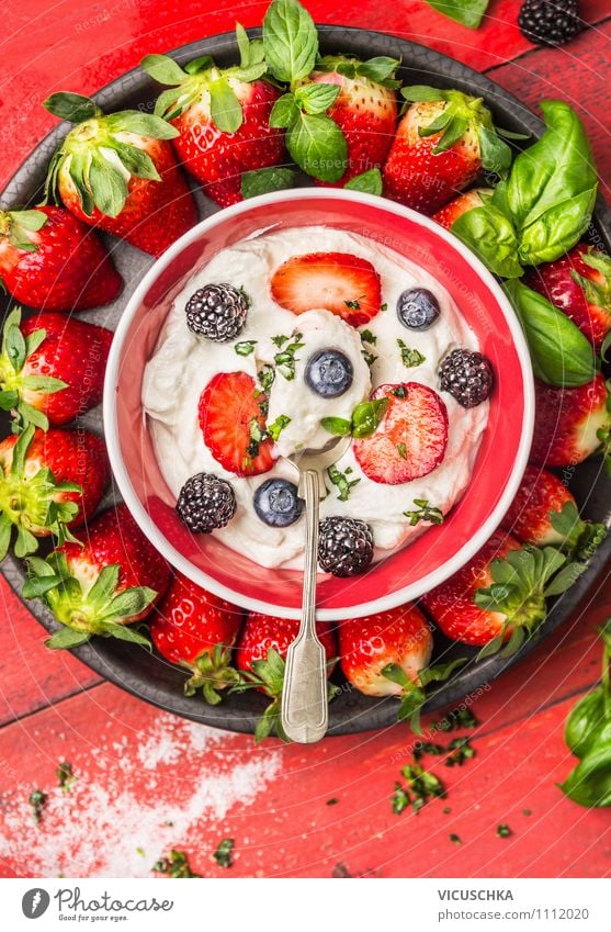 Bowl with quark and summer berries Food Yoghurt Dairy Products Fruit Dessert Nutrition Breakfast Organic produce Vegetarian diet Diet Spoon Style Design