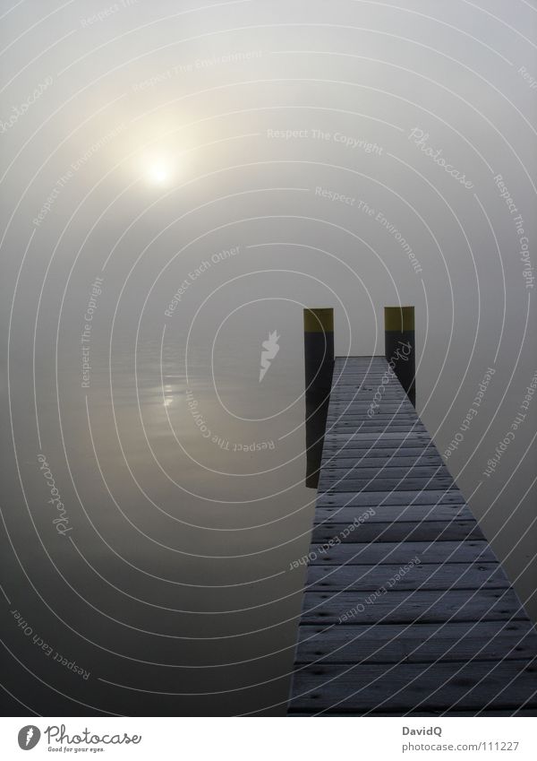 unclear Body of water Lake Pond Interior lake Fog Morning fog Gray Bad weather Dark Dew Washhouse Surface of water Reflection Footbridge Jetty Calm Relaxation