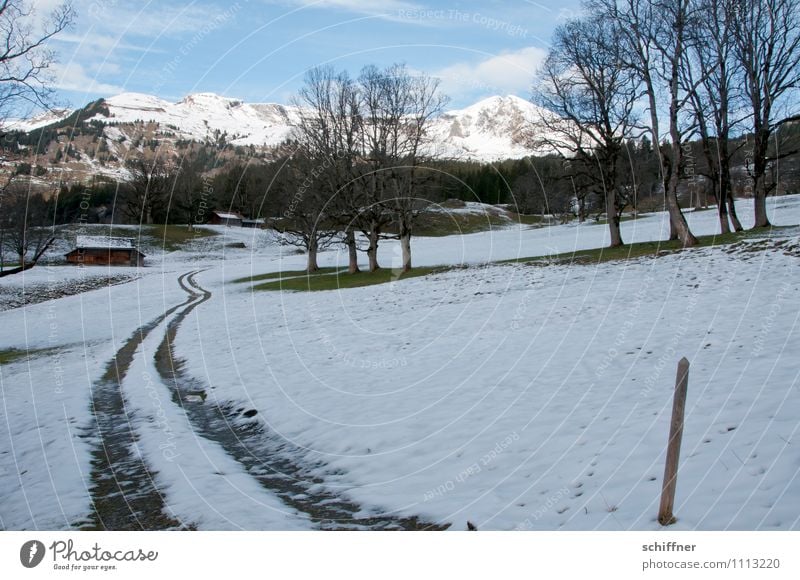 Almöhi today has four-wheel drive Landscape Beautiful weather Ice Frost Snow Hill Rock Alps Mountain Peak Snowcapped peak Cold Tracks Skid marks Alpine pasture