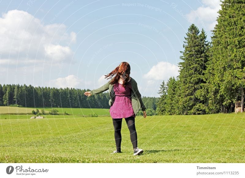 Before or after the bike. Summer Feminine Young woman Youth (Young adults) 1 Human being Environment Nature Landscape Sky Clouds Beautiful weather Meadow Forest