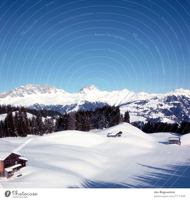 Mountain idyll III Winter February Cold Virgin snow Winter vacation Snow hiking Canton Graubünden Switzerland White Snowdrift Wooden hut Alpine hut Roof Brown