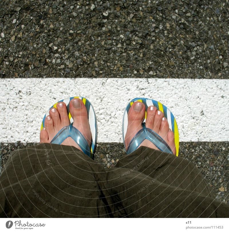 Crossing the border Border Exceed Toes Flip-flops Barefoot Traffic infrastructure Dangerous Line Floor covering Street Feet