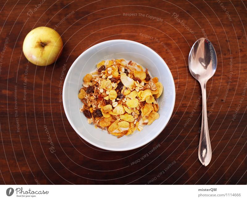 Start the day. Art Esthetic Cereal Bowl Breakfast Breakfast table Morning break Spoon Apple Table Food photograph Healthy Eating Delicious Appetite Colour photo