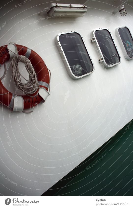 Safety guarantee on sea voyages now also for tensioners Watercraft Cargo-ship Ferry Transport Ocean Lake Swell Gale Life belt Window Green Steel White