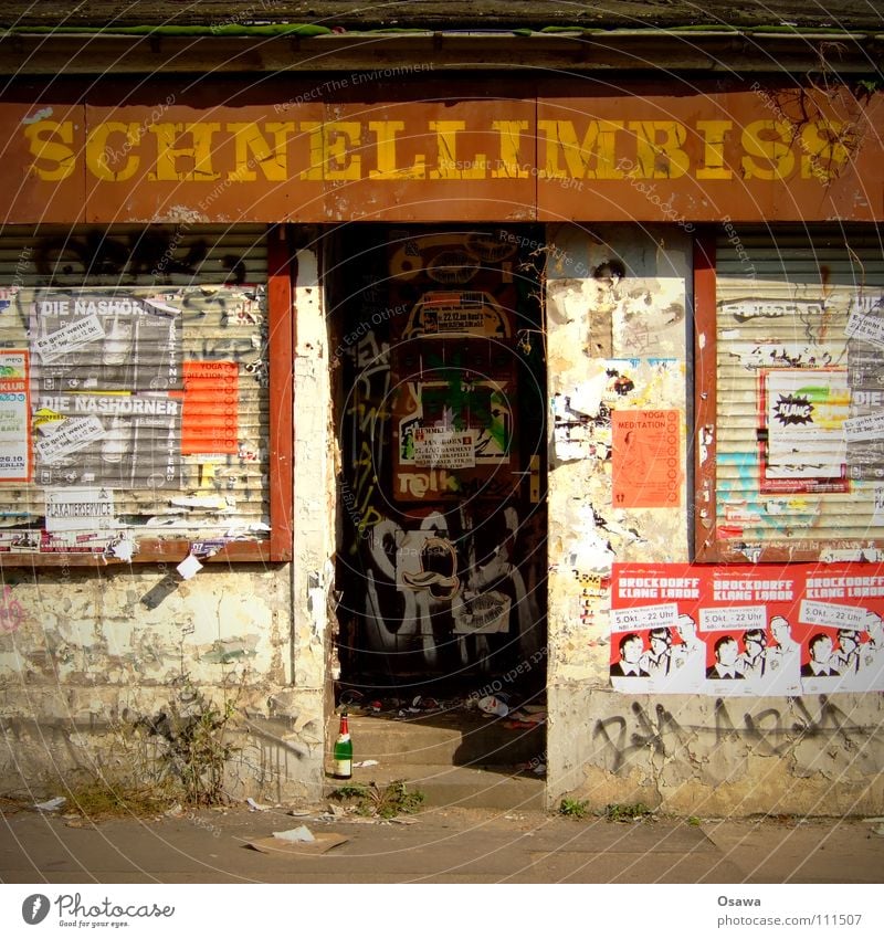 snack bar Snack bar Friedrichshain Ruin Vacancy Task Resign Upswing Economic miracle Insolvency Early retirement Social law Entrance Window Shop window