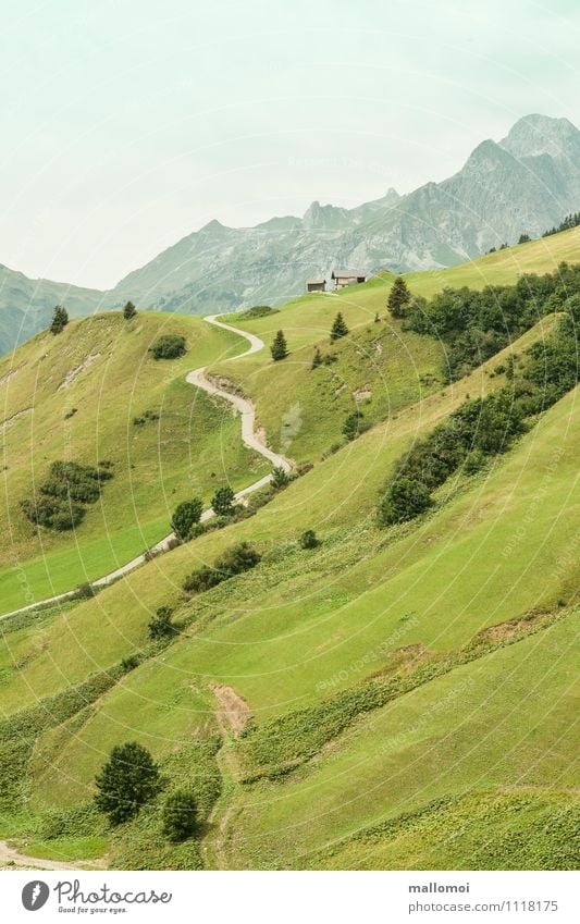 Mountain pastures Hiking trail Hiking hut Environment Nature Landscape Hill Rock Alps Peak Green Longing Wanderlust Adventure Contentment Loneliness Discover