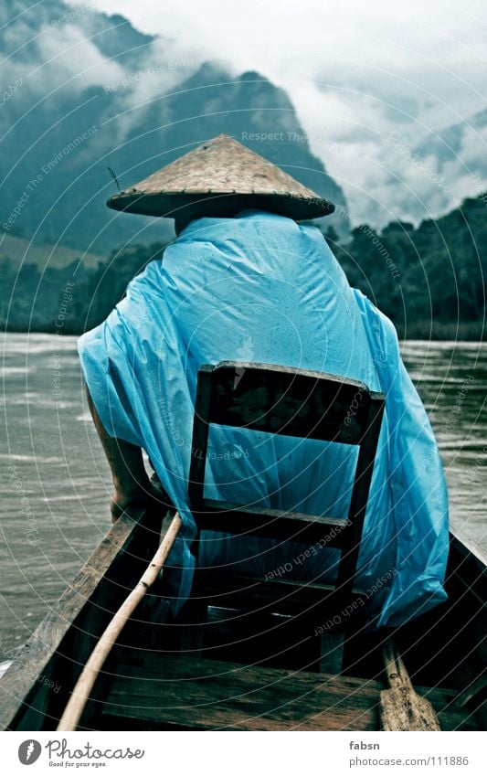 FULL MOON II Watercraft Driver Virgin forest Laos Bad weather Wood Practical Raincoat Plastic bag Asia River Brook upriver Upward Clouds Mountain Simple