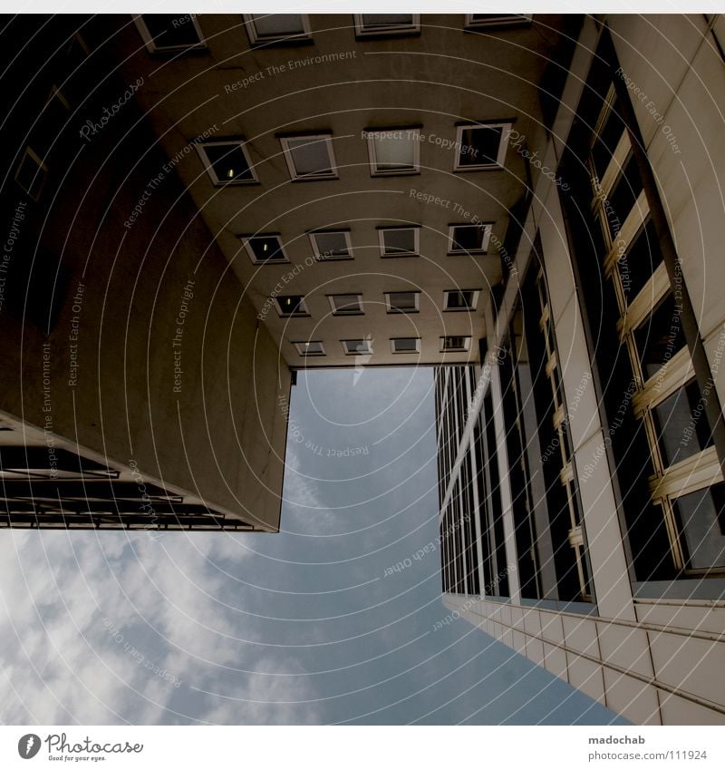 suburbia High-rise Town Sky Building House (Residential Structure) Concrete Canyon Deep Window Clouds Sterile Empty Chic Wall (building) Facade Hideous Gray