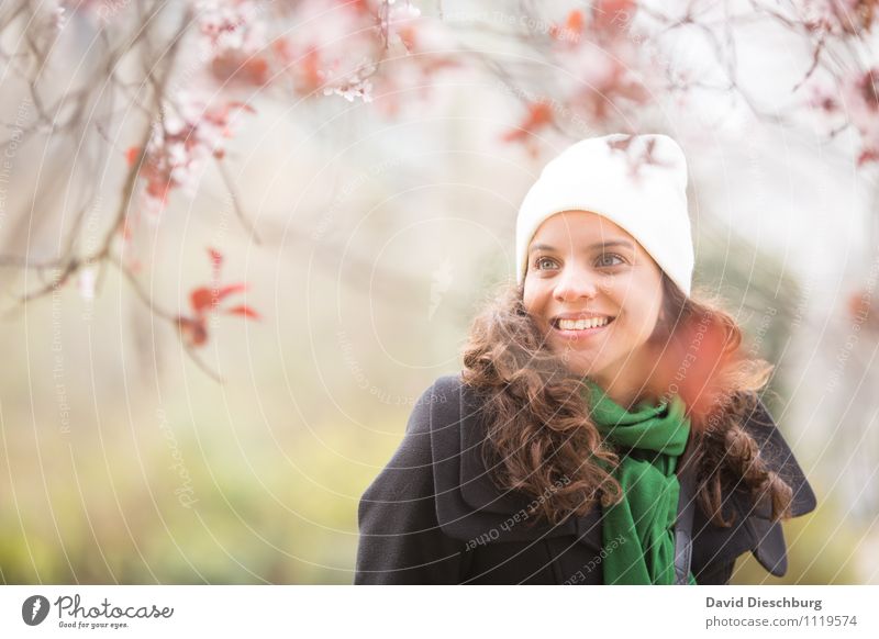 in joyful anticipation Feminine Woman Adults 1 Human being 18 - 30 years Youth (Young adults) Plant Animal Spring Beautiful weather Tree Blossom Garden Park