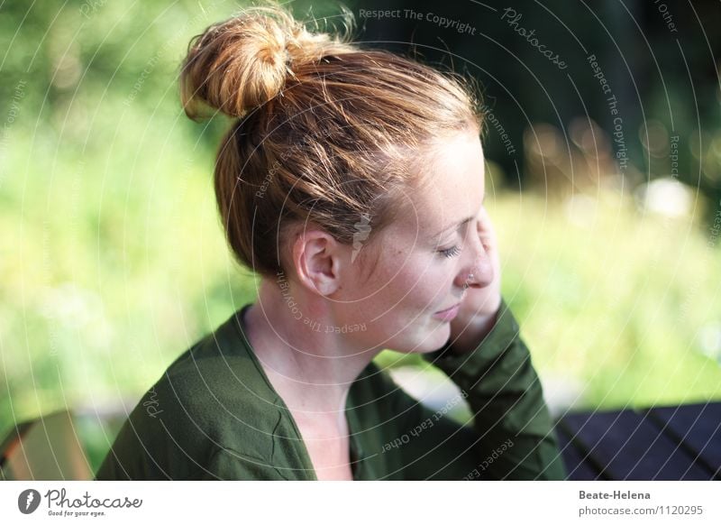 hungry for the sun Beautiful Sunbathing Young woman Youth (Young adults) Head Hair and hairstyles 18 - 30 years Adults Nature Plant Spring Grass Foliage plant