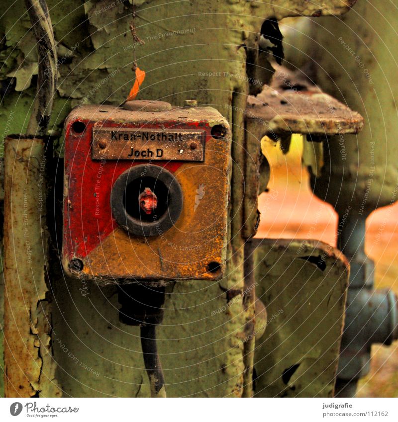 industrial romance Switch Text Typography Flake off Derelict Carrier Construction Empty Electricity Industry Colour emergency switch crane emergency stop