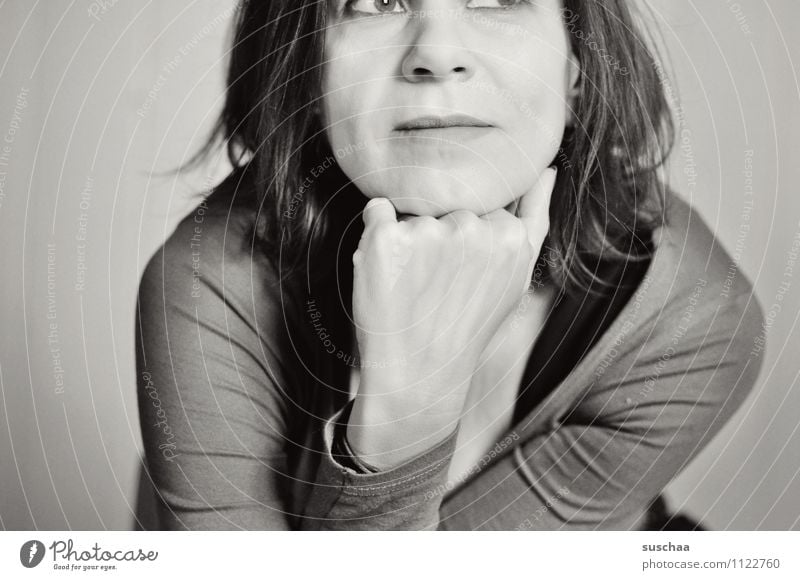 look above or below it Woman Portrait photograph Black & white photo Smiling Face Nose Mouth Hair and hairstyles Shoulder Hand Support