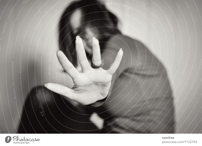 there't ... Woman Young woman Sit Black & white photo Body Head Hair and hairstyles Hand Fingers Ring Shallow depth of field Protection Hold Stop halt