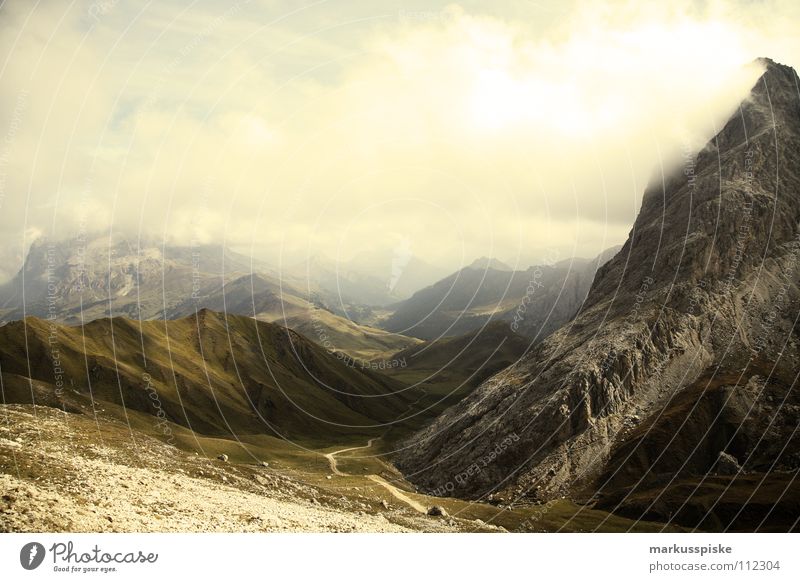 view from the horse teeth Fog Seiser Alm South Tyrol Clouds High plain Hiking Leisure and hobbies Vacation & Travel Footpath Geology Mountain Alps Landscape