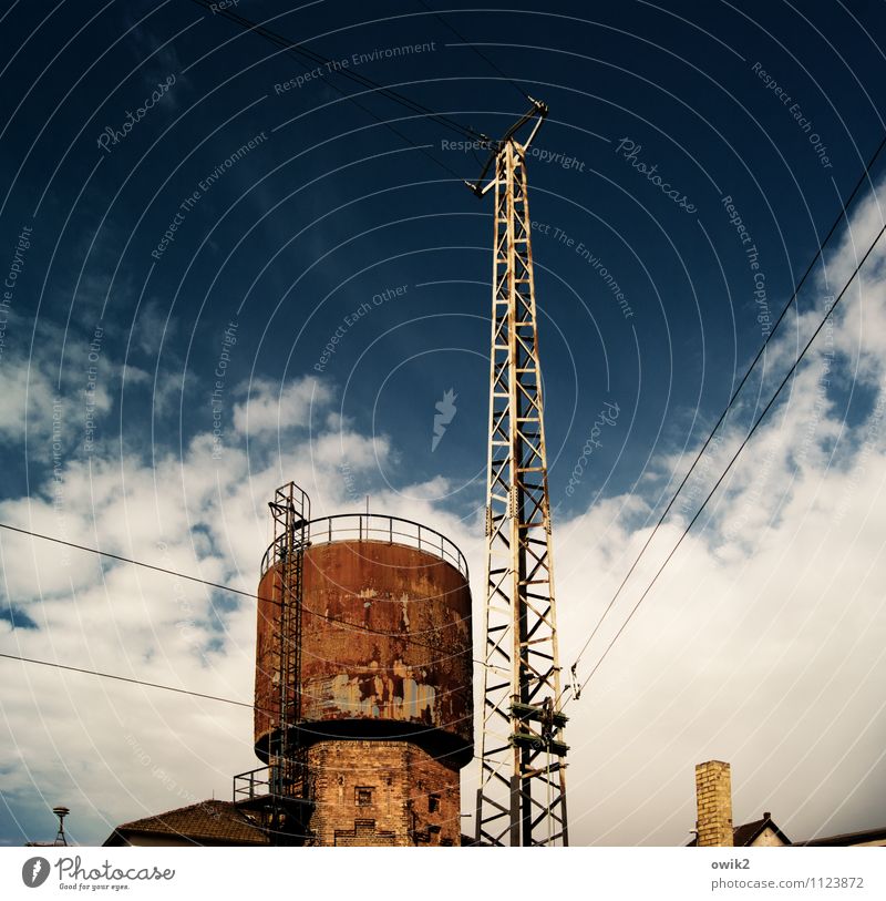 Loyal friends Technology Energy industry Electricity pylon Cable Power transmission Sky Clouds Beautiful weather Falkenberg Manmade structures Water tower